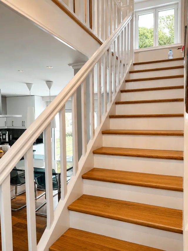 Escalier rénové à Septeuil avec marches bois et structure blanche